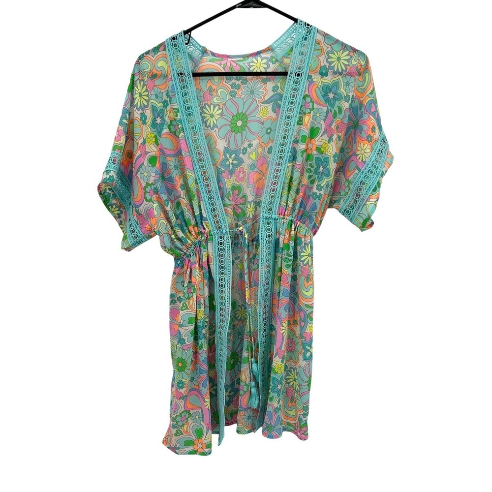 Boho Psychedelic Sheer Floral Kimono Coverup S Crochet Trim Retro Festival Indie